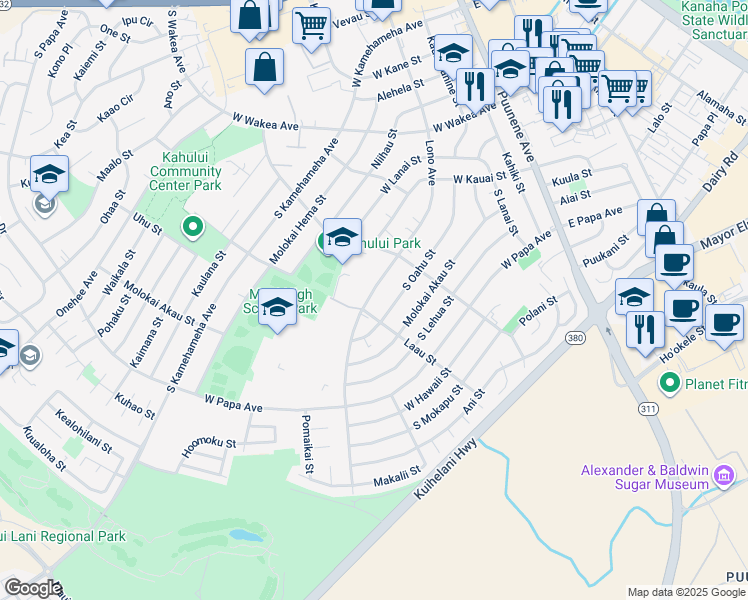 map of restaurants, bars, coffee shops, grocery stores, and more near 543 Lono Avenue in Kahului