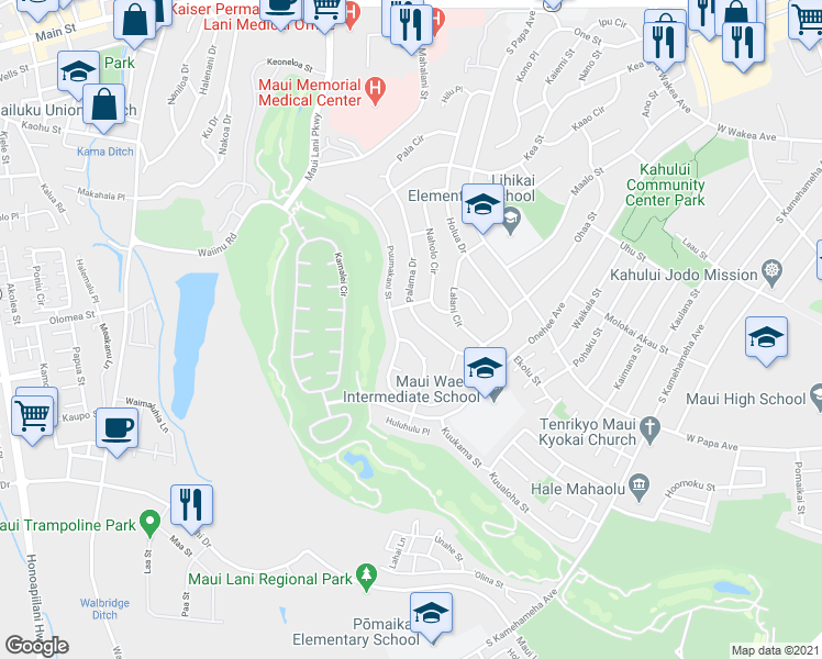 map of restaurants, bars, coffee shops, grocery stores, and more near 440 Palama Drive in Kahului