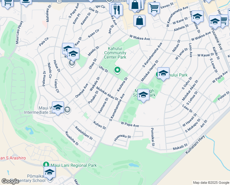 map of restaurants, bars, coffee shops, grocery stores, and more near 544 Kaulana Street in Kahului