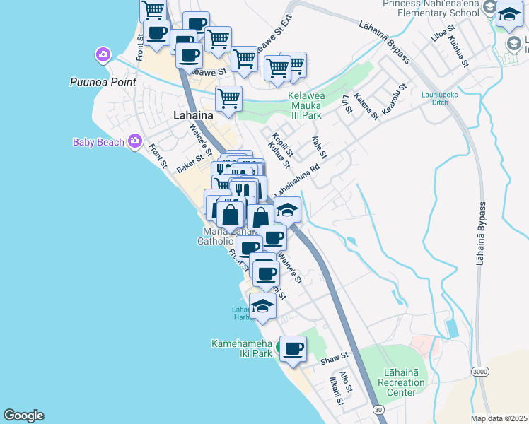 map of restaurants, bars, coffee shops, grocery stores, and more near 232 Lahainaluna Road in Lahaina
