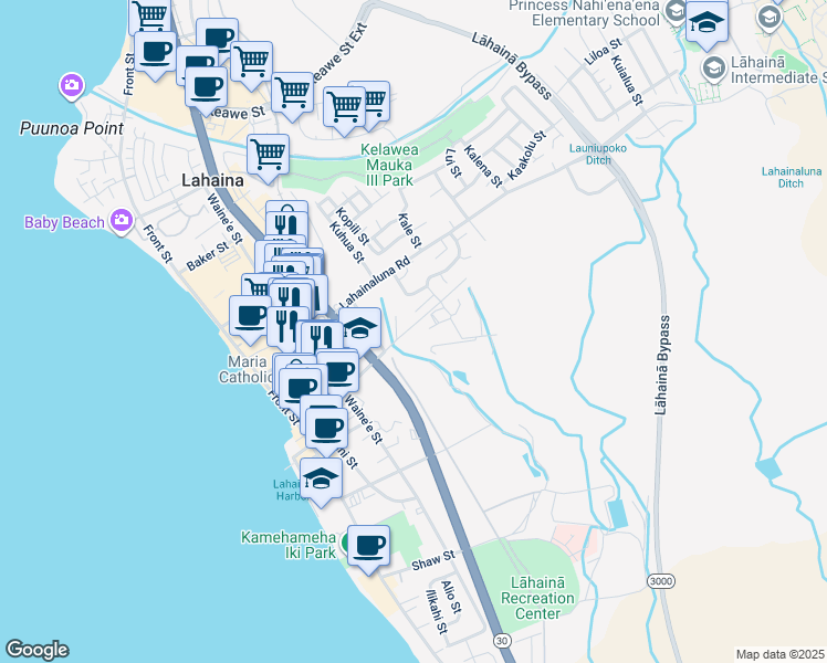 map of restaurants, bars, coffee shops, grocery stores, and more near 346 Dickenson Street in Lahaina
