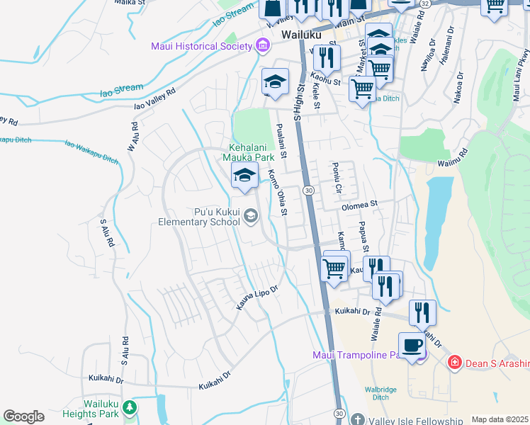 map of restaurants, bars, coffee shops, grocery stores, and more near 51 Uaha'a Place in Wailuku