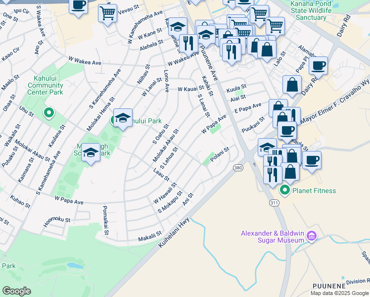 map of restaurants, bars, coffee shops, grocery stores, and more near 168 West Papa Avenue in Kahului