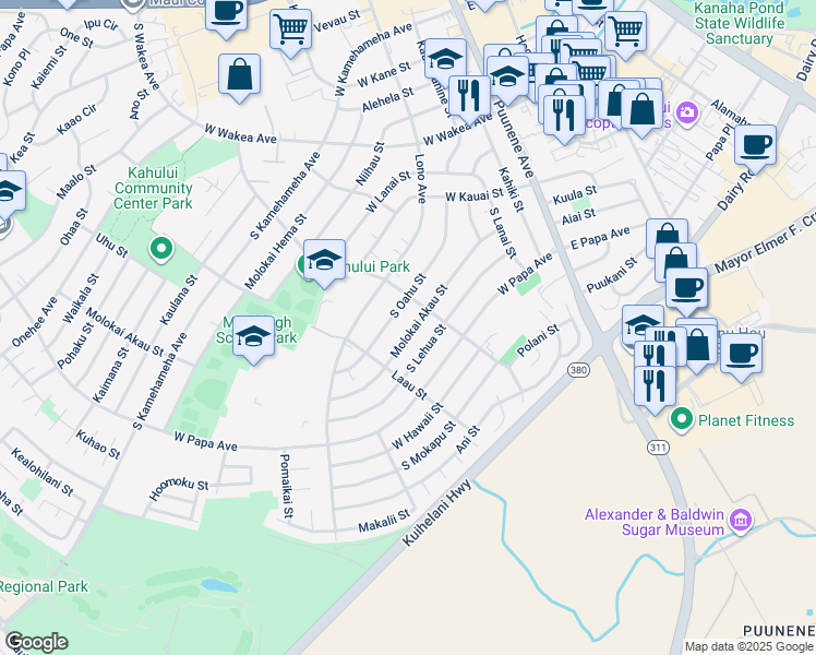 map of restaurants, bars, coffee shops, grocery stores, and more near 240 Molokai Akau Street in Kahului