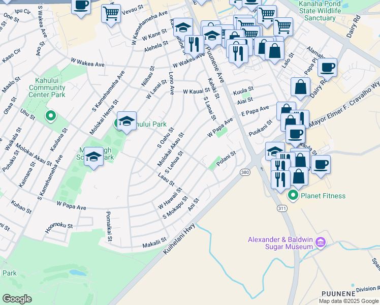 map of restaurants, bars, coffee shops, grocery stores, and more near 168 West Papa Avenue in Kahului
