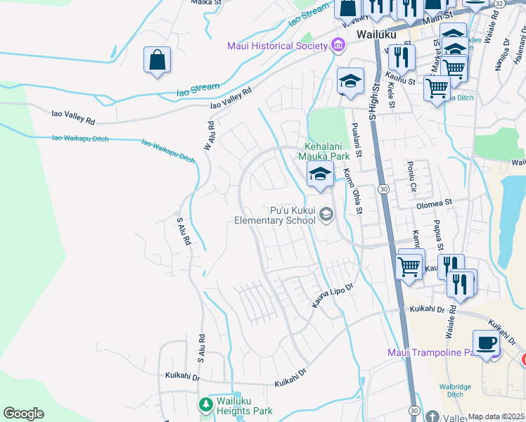 map of restaurants, bars, coffee shops, grocery stores, and more near 135 Pua Kalaunu in Wailuku
