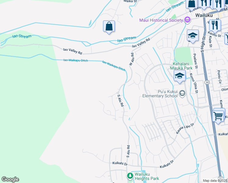 map of restaurants, bars, coffee shops, grocery stores, and more near 3042 Alaneo Place in Wailuku
