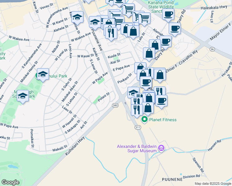 map of restaurants, bars, coffee shops, grocery stores, and more near 41 Akalei Place in Kahului