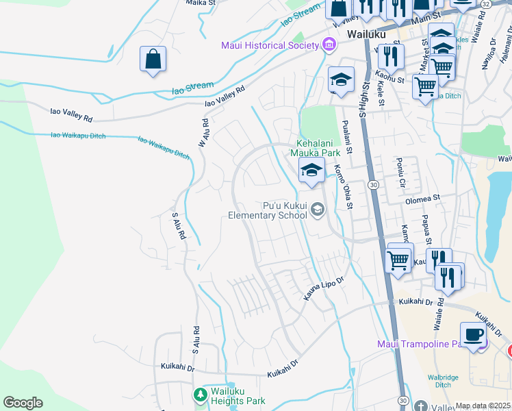 map of restaurants, bars, coffee shops, grocery stores, and more near 135 Pua Kalaunu in Wailuku