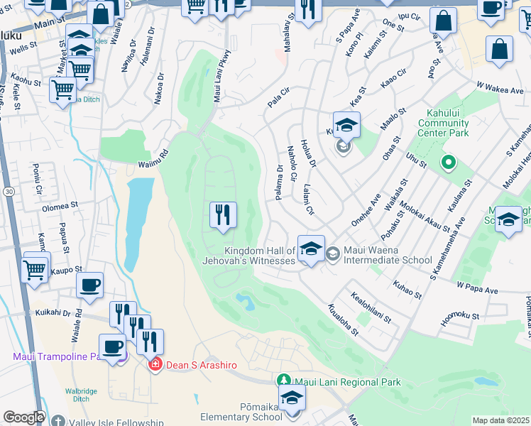 map of restaurants, bars, coffee shops, grocery stores, and more near 164 Puumakani Street in Kahului