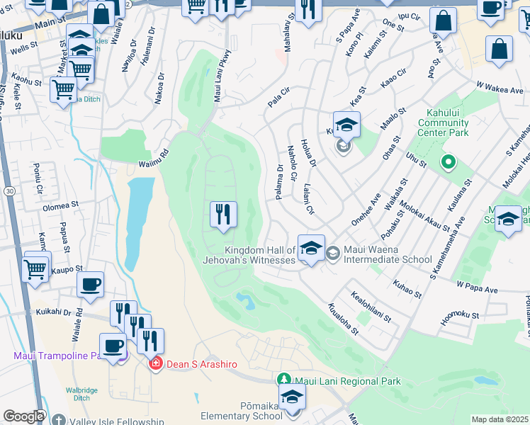 map of restaurants, bars, coffee shops, grocery stores, and more near 164 Puumakani Street in Kahului