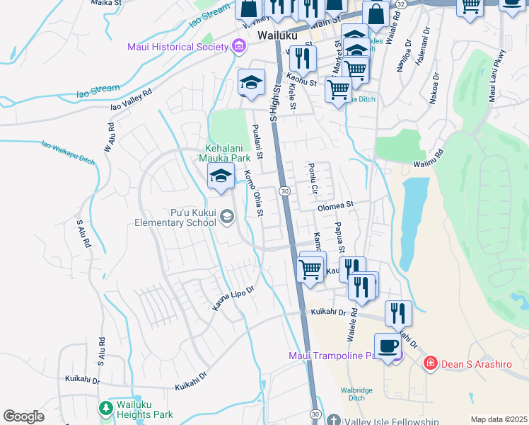 map of restaurants, bars, coffee shops, grocery stores, and more near 627 Koma 'Ohia Street in Wailuku