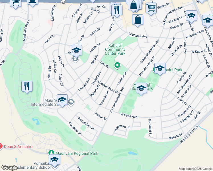 map of restaurants, bars, coffee shops, grocery stores, and more near 680 Molokai Akau Street in Kahului