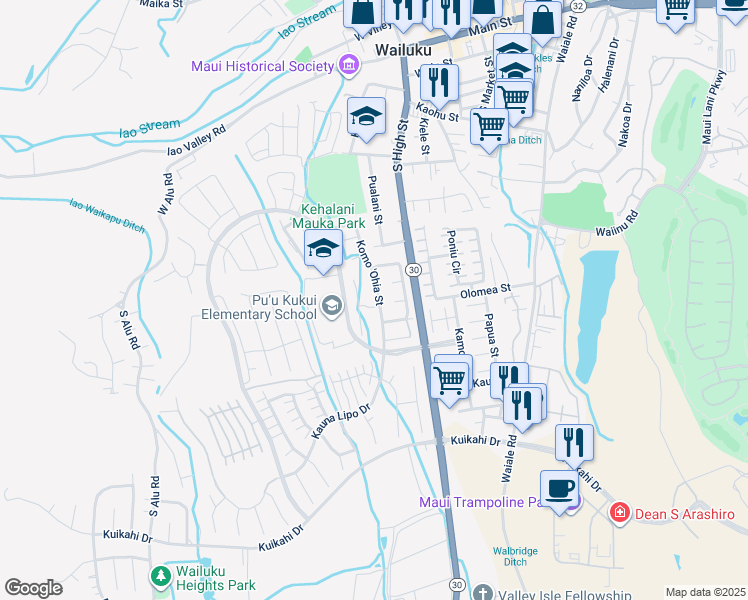 map of restaurants, bars, coffee shops, grocery stores, and more near 620 Koma 'Ohia Street in Wailuku
