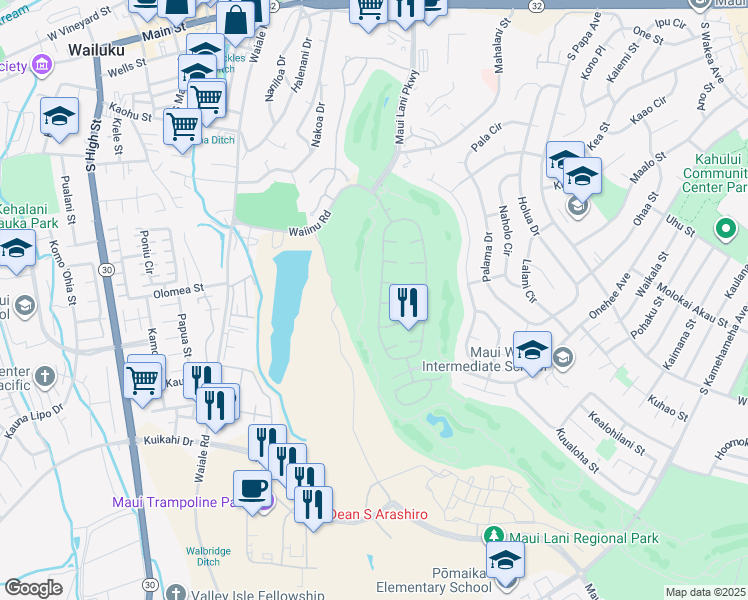 map of restaurants, bars, coffee shops, grocery stores, and more near 369 Kamalei Circle in Kahului