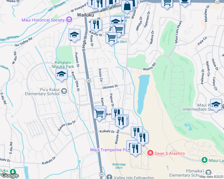 map of restaurants, bars, coffee shops, grocery stores, and more near 639 Papua Street in Wailuku