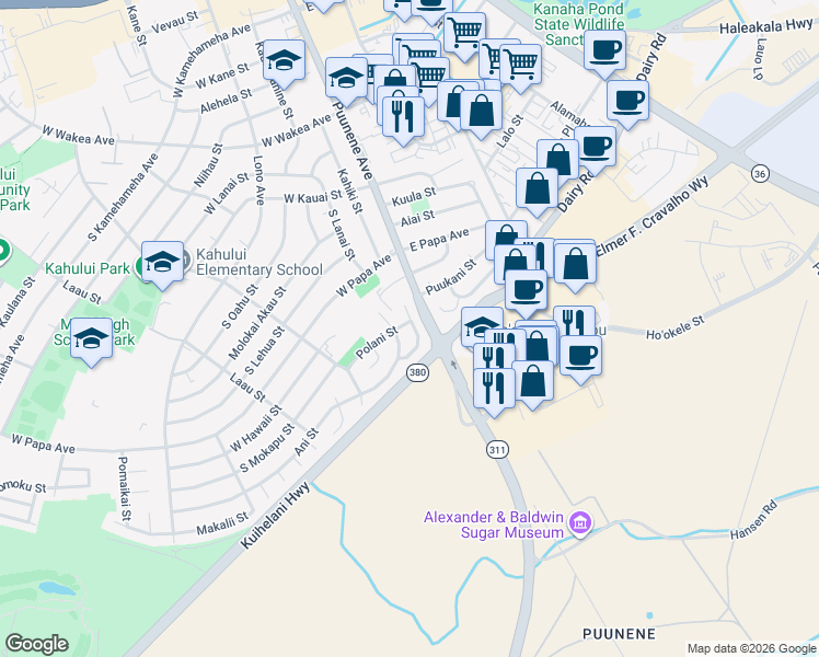 map of restaurants, bars, coffee shops, grocery stores, and more near 45 Polani Street in Kahului