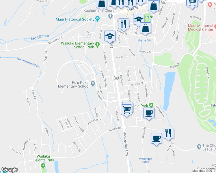 map of restaurants, bars, coffee shops, grocery stores, and more near 627 Koma 'Ohia Street in Wailuku