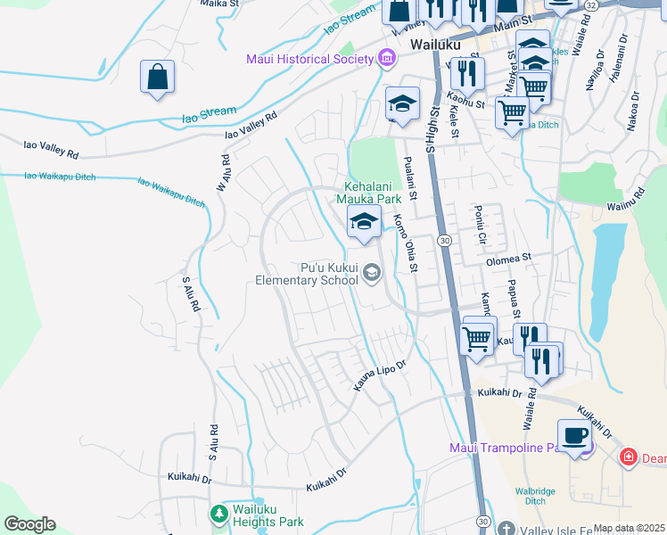 map of restaurants, bars, coffee shops, grocery stores, and more near 225 Pua Kalaunu in Wailuku