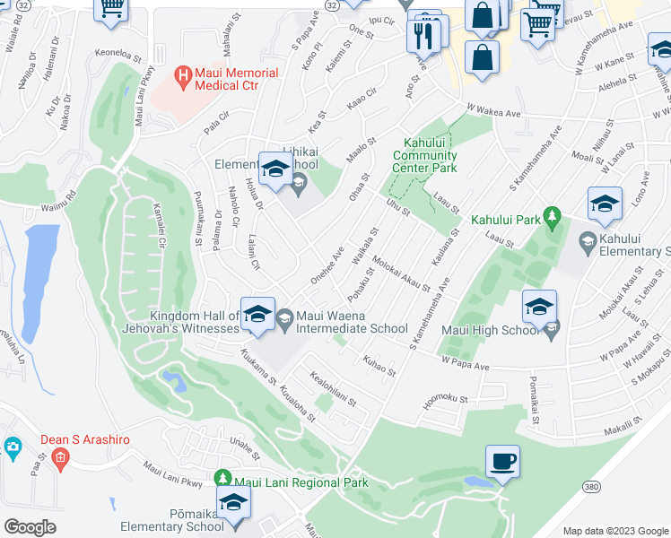 map of restaurants, bars, coffee shops, grocery stores, and more near 673 Onehee Avenue in Kahului