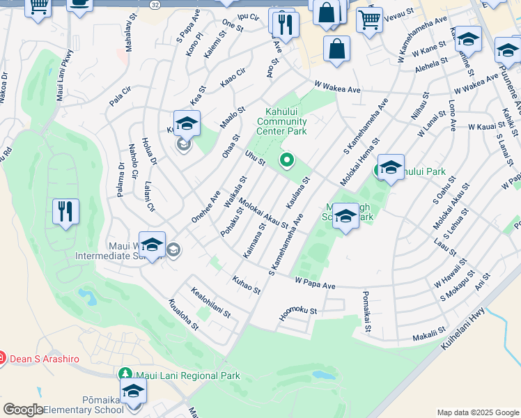 map of restaurants, bars, coffee shops, grocery stores, and more near 680 Molokai Akau Street in Kahului