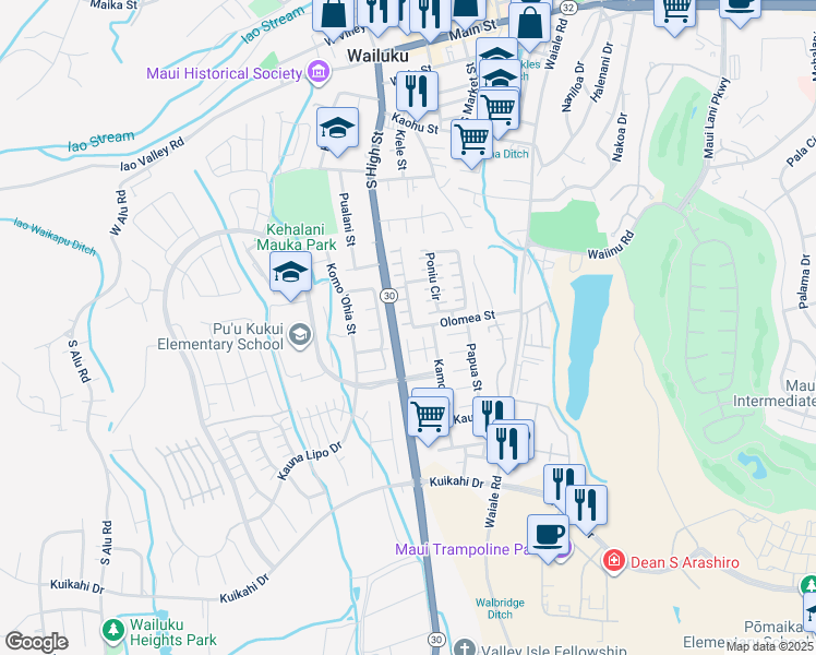 map of restaurants, bars, coffee shops, grocery stores, and more near 620 Akolea Street in Wailuku