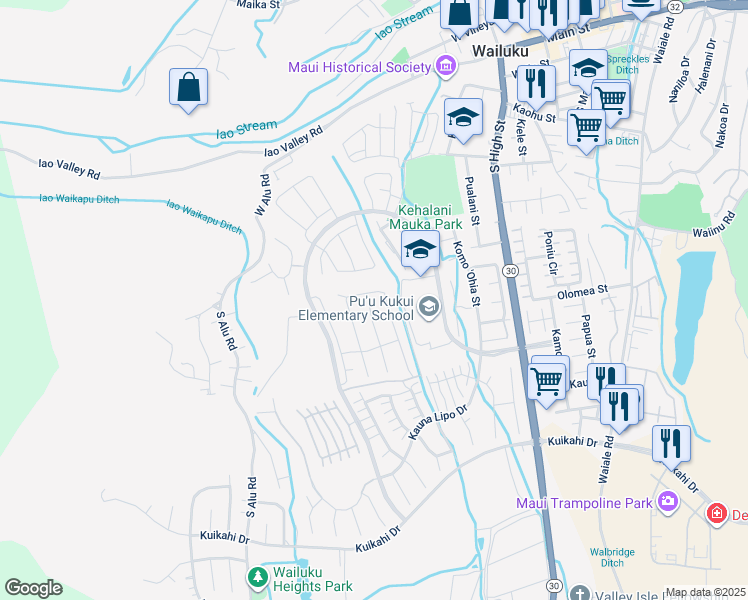 map of restaurants, bars, coffee shops, grocery stores, and more near 3700 Kehalani Mauka Parkway in Wailuku