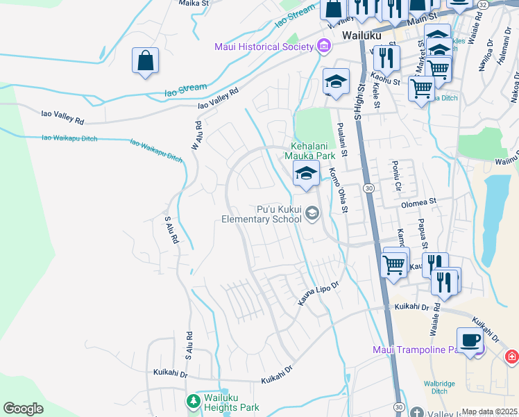 map of restaurants, bars, coffee shops, grocery stores, and more near 130 Pua Kalaunu in Wailuku