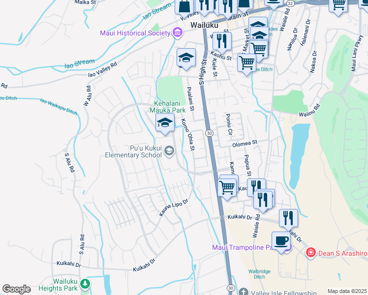 map of restaurants, bars, coffee shops, grocery stores, and more near 54 Uaha'a Place in Wailuku