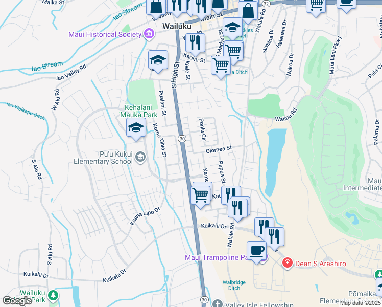 map of restaurants, bars, coffee shops, grocery stores, and more near 620 Akolea Street in Wailuku