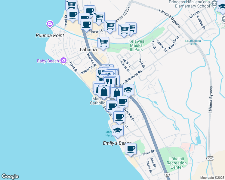 map of restaurants, bars, coffee shops, grocery stores, and more near 818 Waine'e Street in Lahaina