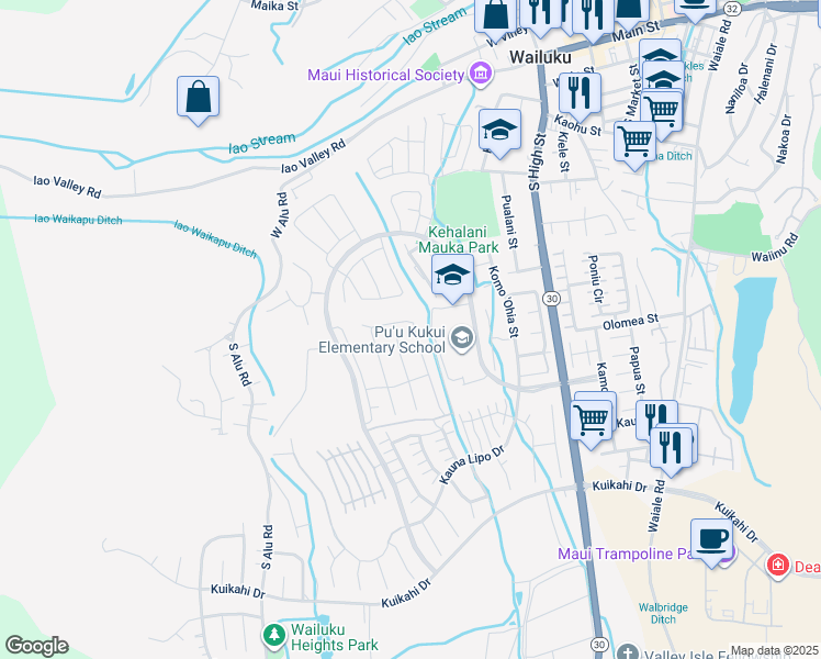 map of restaurants, bars, coffee shops, grocery stores, and more near 244 Pua Kalaunu in Wailuku