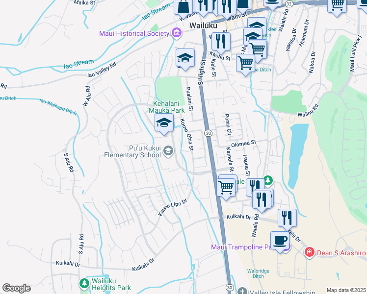 map of restaurants, bars, coffee shops, grocery stores, and more near 54 Uaha'a Place in Wailuku