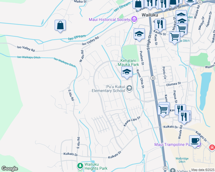 map of restaurants, bars, coffee shops, grocery stores, and more near 130 Pua Kalaunu in Wailuku