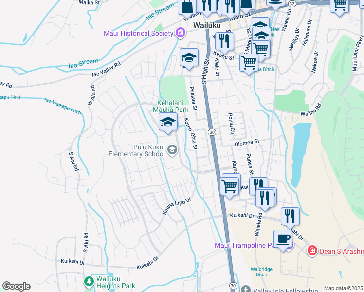 map of restaurants, bars, coffee shops, grocery stores, and more near 57 Uaha'a Place in Wailuku