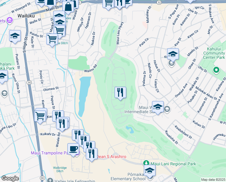 map of restaurants, bars, coffee shops, grocery stores, and more near 7 Loihi Place in Kahului
