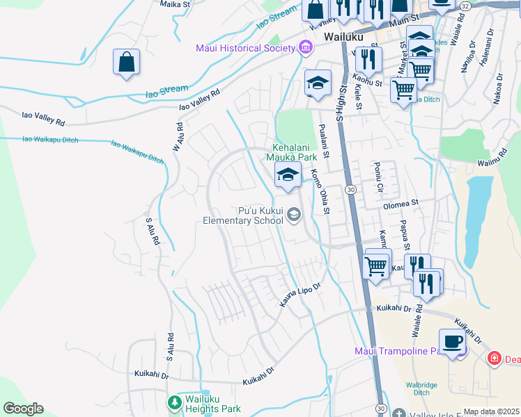 map of restaurants, bars, coffee shops, grocery stores, and more near 244 Pua Kalaunu in Wailuku