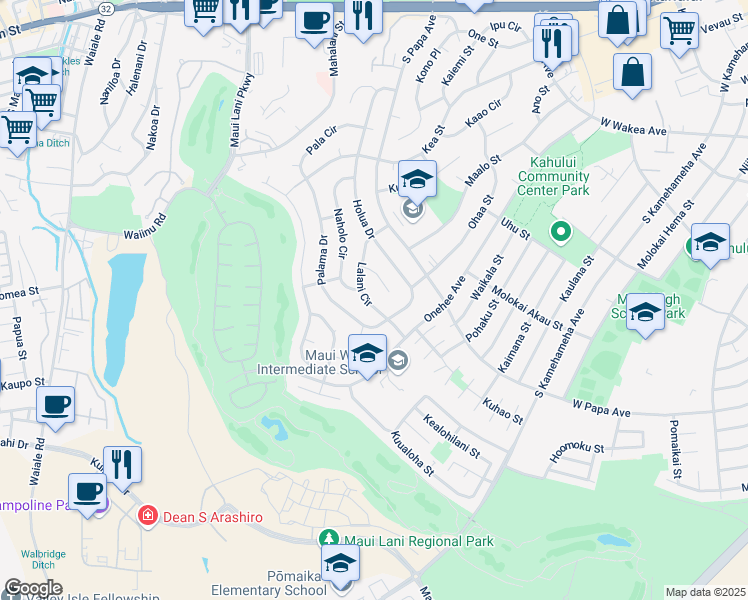 map of restaurants, bars, coffee shops, grocery stores, and more near 709 Lalani Circle in Kahului