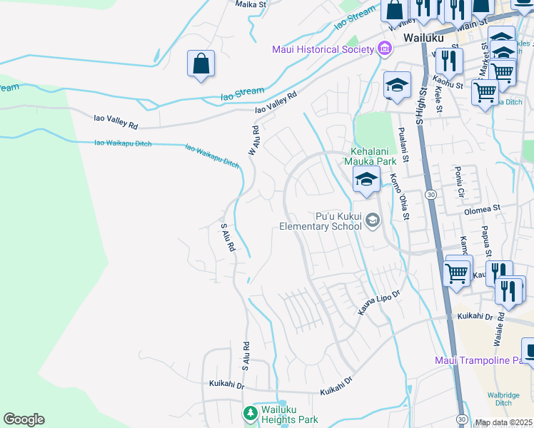 map of restaurants, bars, coffee shops, grocery stores, and more near South Laikeha Place in Wailuku