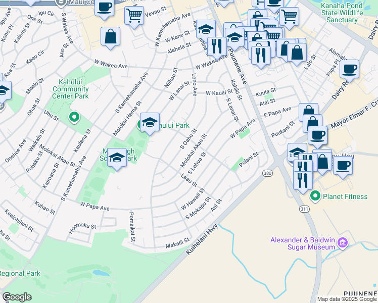 map of restaurants, bars, coffee shops, grocery stores, and more near 234 Molokai Akau Street in Kahului