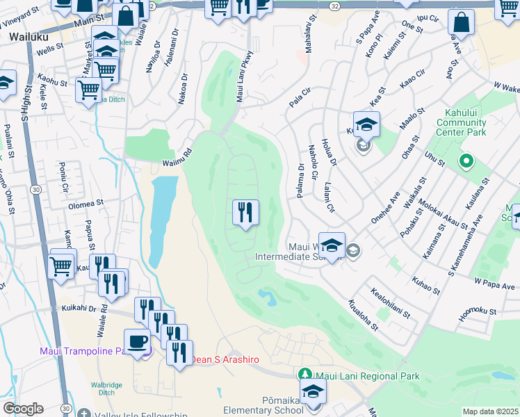 map of restaurants, bars, coffee shops, grocery stores, and more near 143 Kamalei Circle in Kahului
