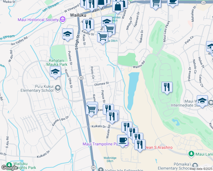 map of restaurants, bars, coffee shops, grocery stores, and more near 632 Meakanu Lane in Wailuku