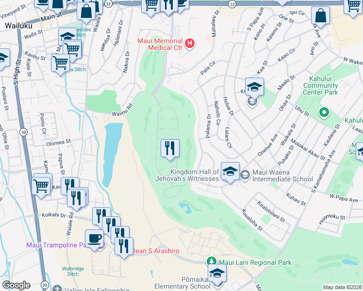 map of restaurants, bars, coffee shops, grocery stores, and more near 139 Kamalei Circle in Kahului
