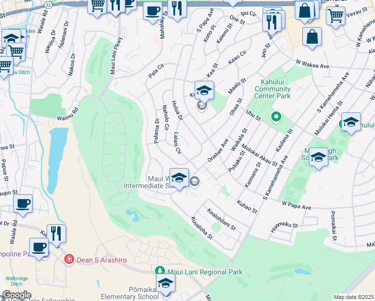 map of restaurants, bars, coffee shops, grocery stores, and more near 709 Lalani Circle in Kahului