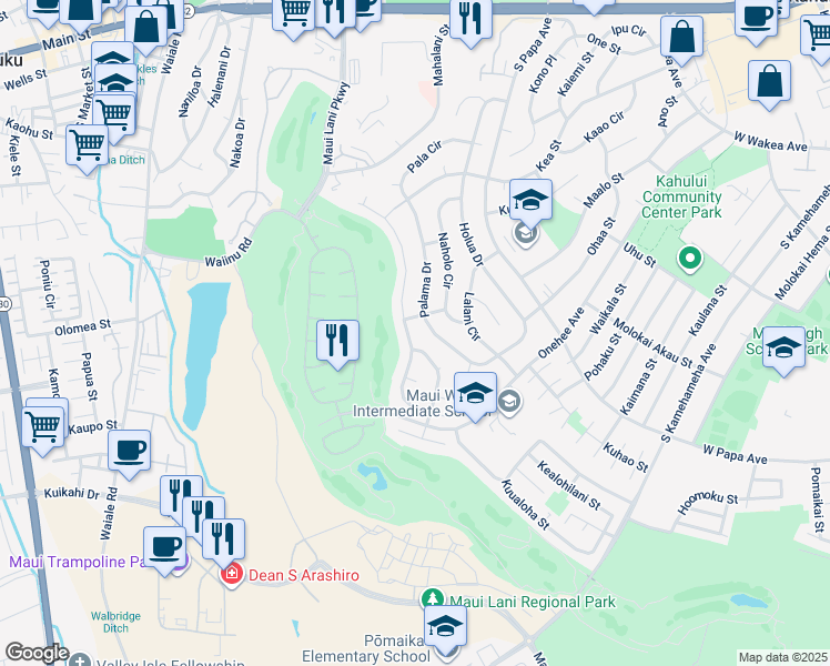 map of restaurants, bars, coffee shops, grocery stores, and more near 163 Puumakani Street in Kahului