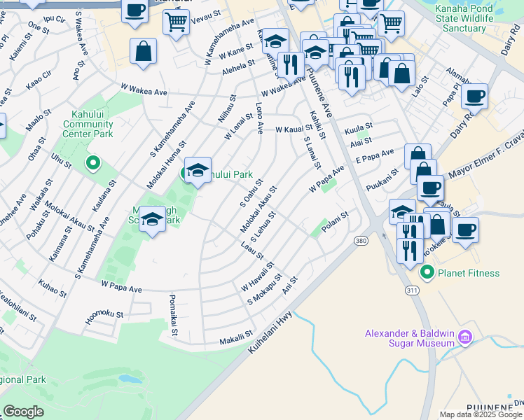 map of restaurants, bars, coffee shops, grocery stores, and more near 219 Molokai Akau Street in Kahului