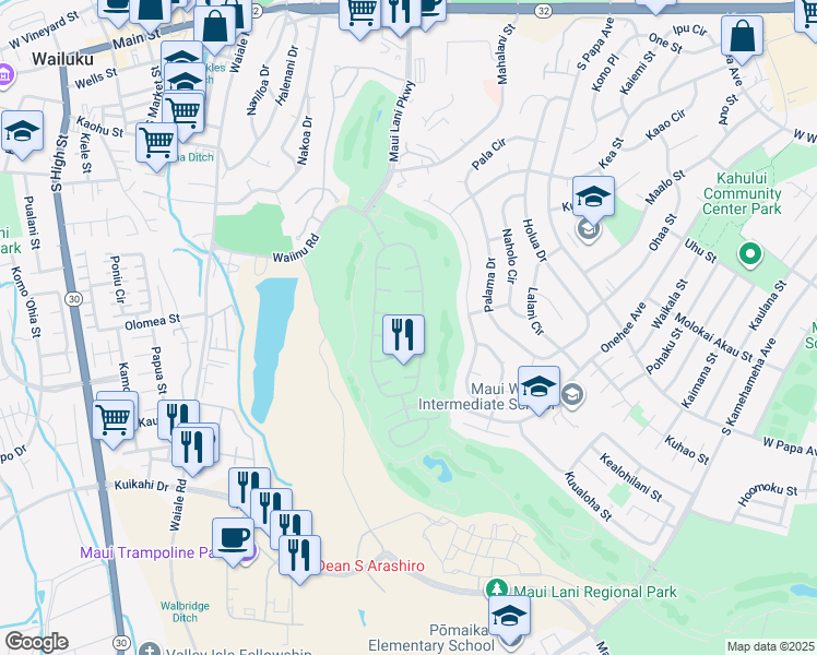 map of restaurants, bars, coffee shops, grocery stores, and more near 18 Haipule Place in Kahului