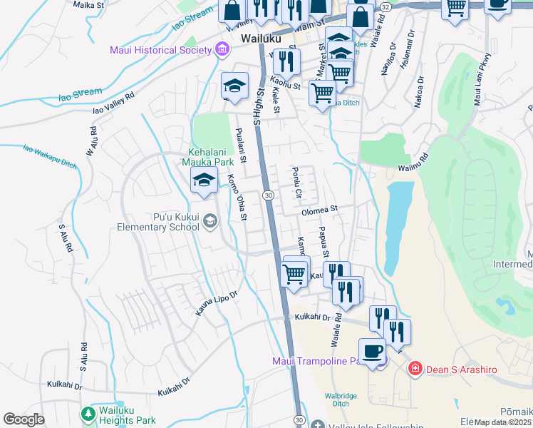 map of restaurants, bars, coffee shops, grocery stores, and more near 62 Kumulaau Ohia Loop in Wailuku