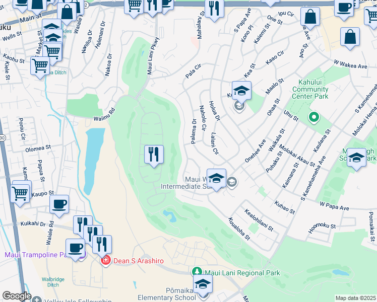 map of restaurants, bars, coffee shops, grocery stores, and more near 163 Puumakani Street in Kahului