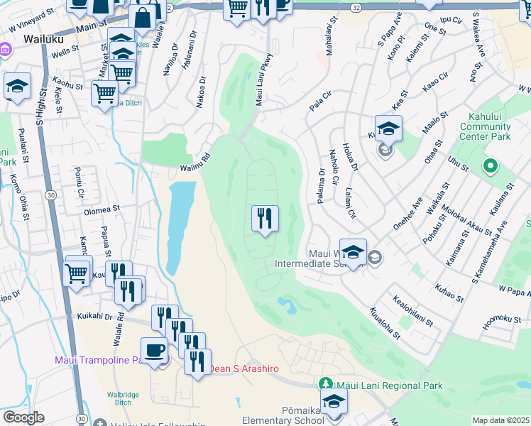map of restaurants, bars, coffee shops, grocery stores, and more near 18 Haipule Place in Kahului